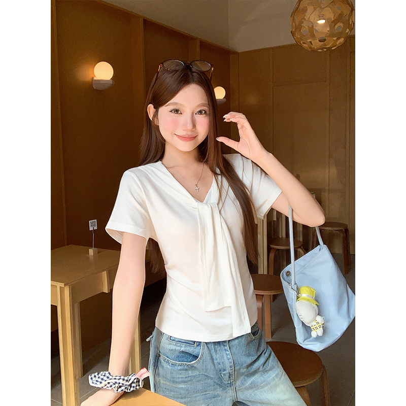 Women's Ribbon V-Neck Slim Fit T-Shirt Summer Short Sleeve Top - Image 3