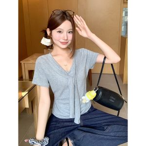 Women's Ribbon V-Neck Slim Fit T-Shirt Summer Short Sleeve Top