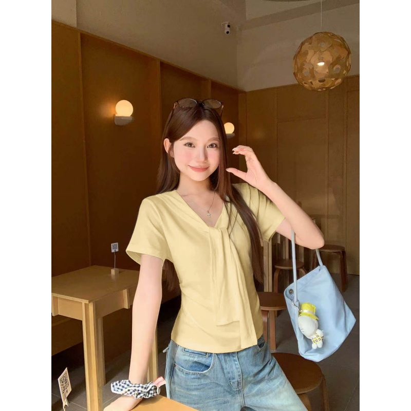 Women's Ribbon V-Neck Slim Fit T-Shirt Summer Short Sleeve Top - Image 5