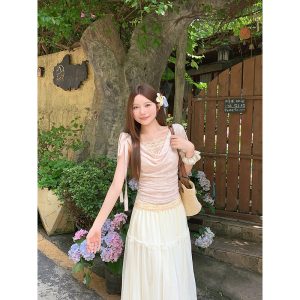 Korean Style Lace Panel T-Shirt Women Summer Slim Fit Irregular Short Sleeve Top