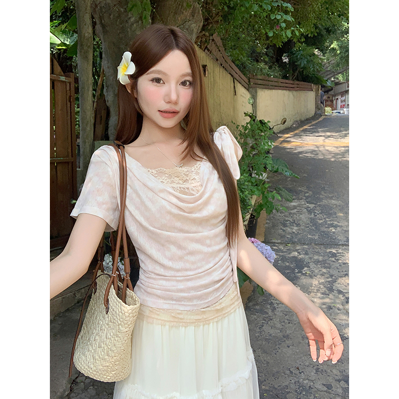 Pure Allure Cowl Neck Lace Short Sleeve T-Shirt for Women Summer New Faux Two Piece Waist Cinching Slimming Hot Girl Crop Top - Image 4