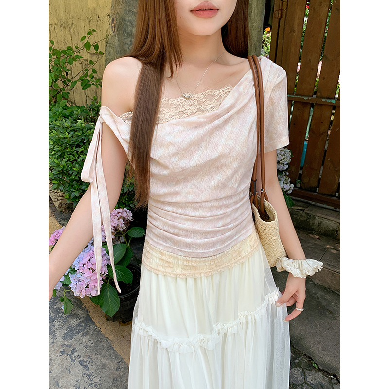 Pure Allure Cowl Neck Lace Short Sleeve T-Shirt for Women Summer New Faux Two Piece Waist Cinching Slimming Hot Girl Crop Top - Image 5