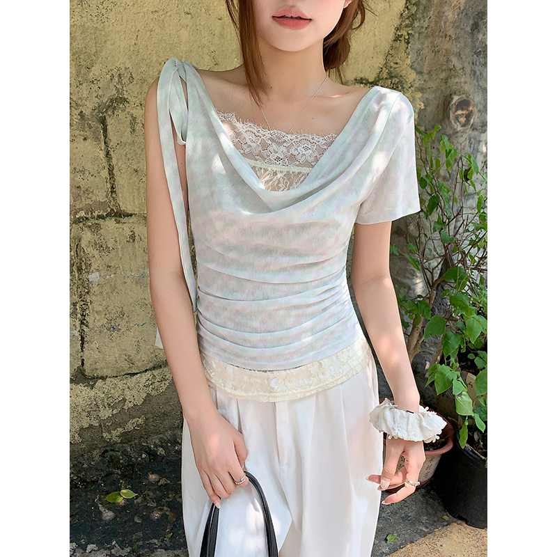 Pure Allure Cowl Neck Lace Short Sleeve T-Shirt for Women Summer New Faux Two Piece Waist Cinching Slimming Hot Girl Crop Top