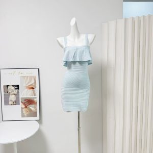 Glass Blue Ruffle Trim Knit Bodycon Cami Dress for Women