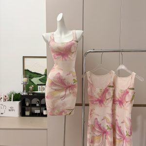 Korean Style U-Neck Floral Off-Shoulder Cami Dress Women 2026 Summer Bodycon Vacation Dress
