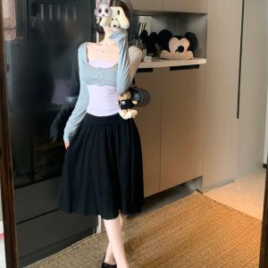 3-Piece Summer Knit Set for Women Long Sleeve Cardigan Tube Top Slimming Skirt