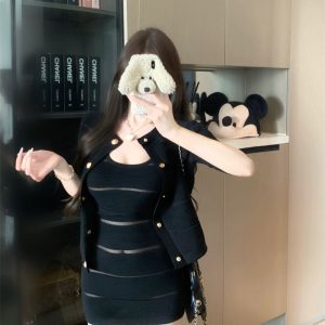 Light Mature Style Two-Piece Knit and Organza Cami Dress and Jacket Set