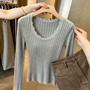 Women's Lace Trim U-Neck White Long Sleeve Knit Top Slim Fit Fall