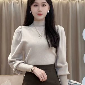 Women's Puff Sleeve Knit Top High Neck Pullover Base Layer